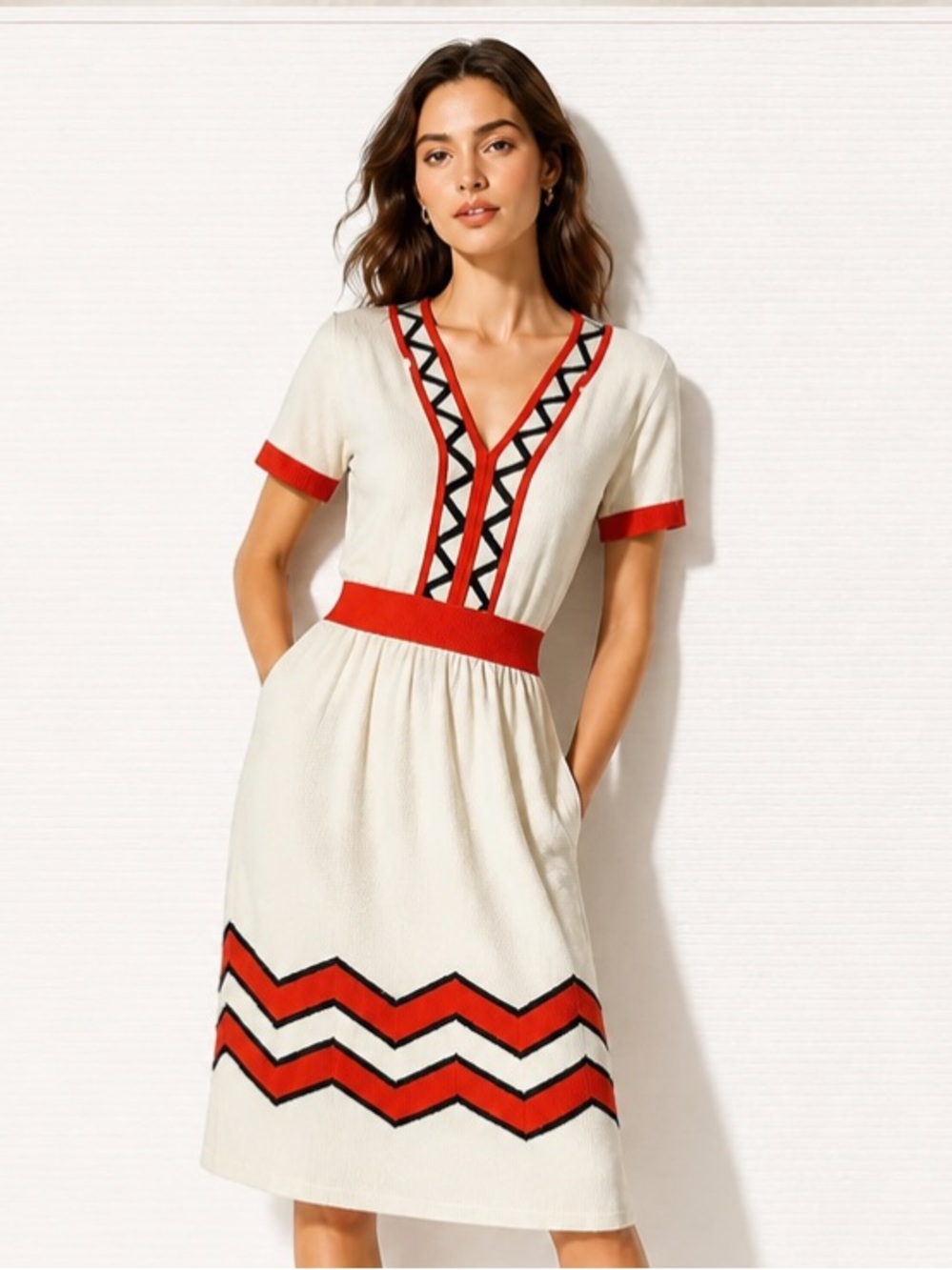 MILLY New York Sweater Dress Retro Mod Cream White Orange Chevron V Neck S Y2K